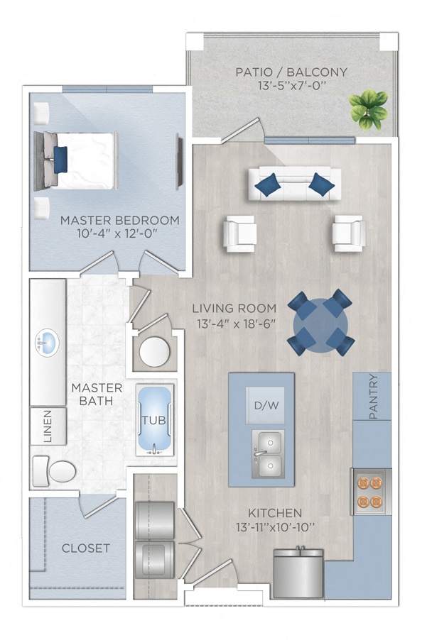 Floor plan for 1 bed, 1 bath, 724 sqft
